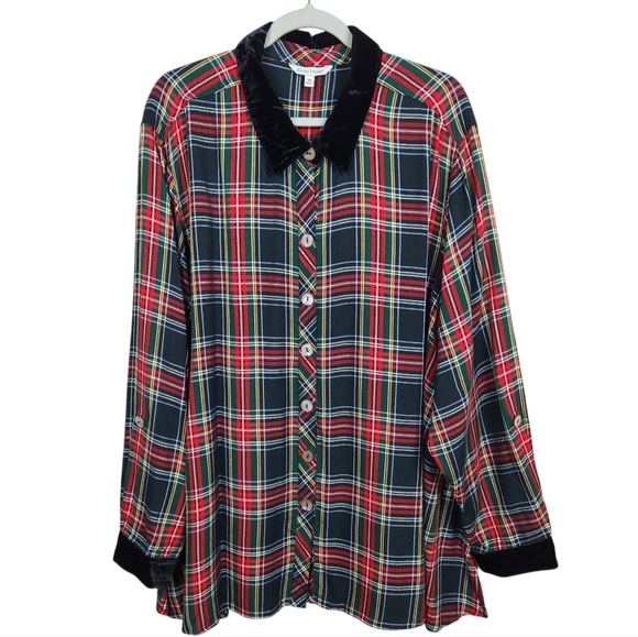 John Mark Red Black Green Plaid Velvet Velour Button Down Shirt Women's Size 3X - Picture 1 of 10
